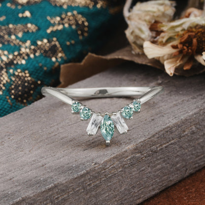 Vintage Nature Inspired Chevron Moss Agate Curved Wedding Ring