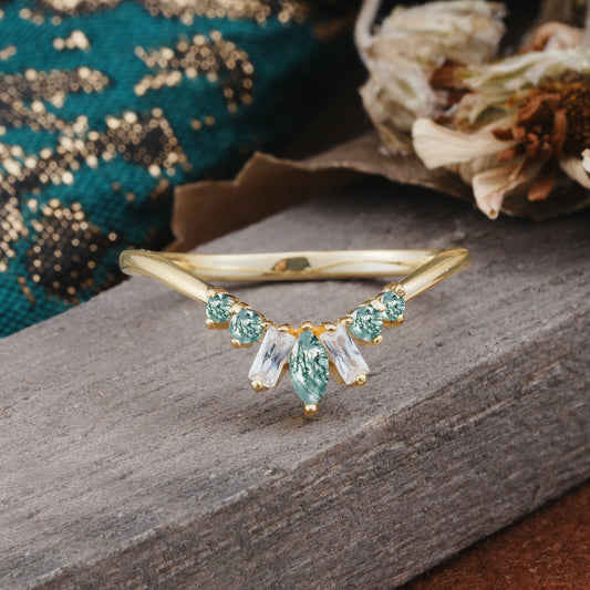 Vintage Nature Inspired Chevron Moss Agate Curved Wedding Ring