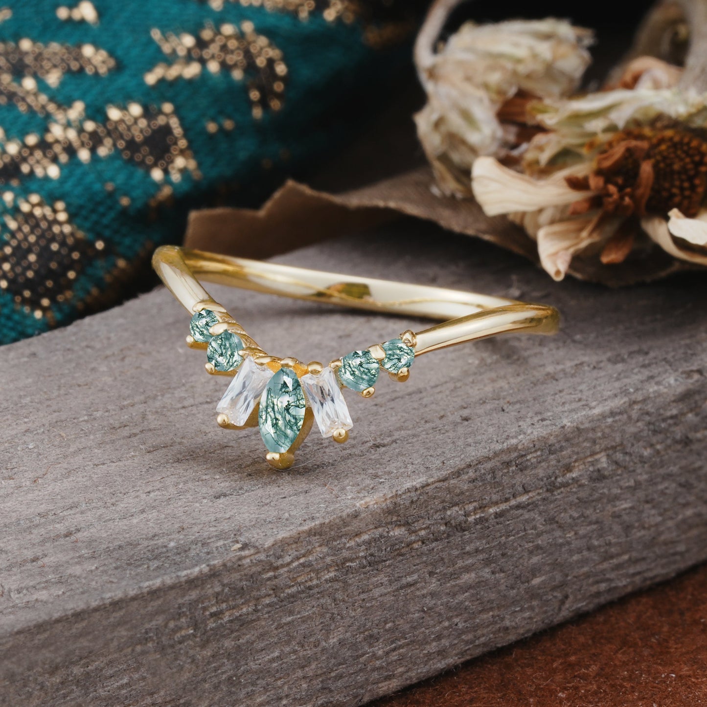 Vintage Nature Inspired Chevron Moss Agate Curved Wedding Ring
