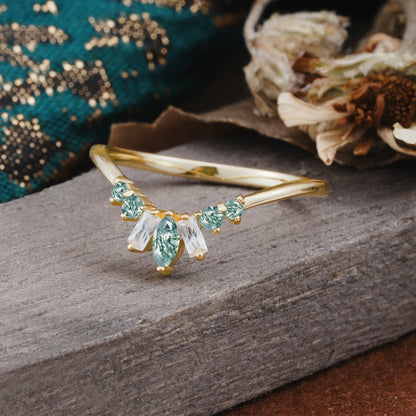 Vintage Nature Inspired Chevron Moss Agate Curved Wedding Ring