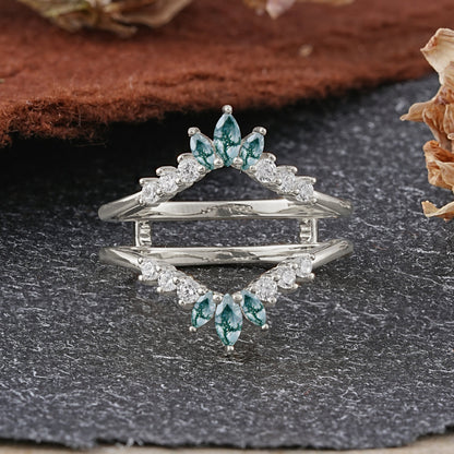 Vintage Chevron Crown 6 Moss Agate Enhancer Wedding Ring