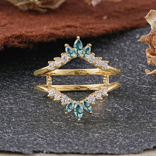 Vintage Chevron Crown 6 Moss Agate Enhancer Wedding Ring