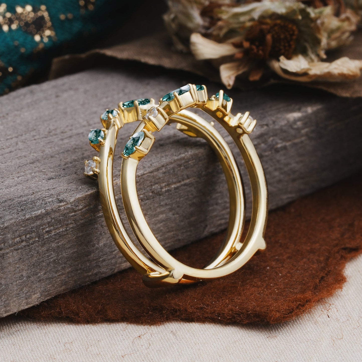 Vintage Marquise Cut Moss Agate Wrap Enhancer Wedding Ring