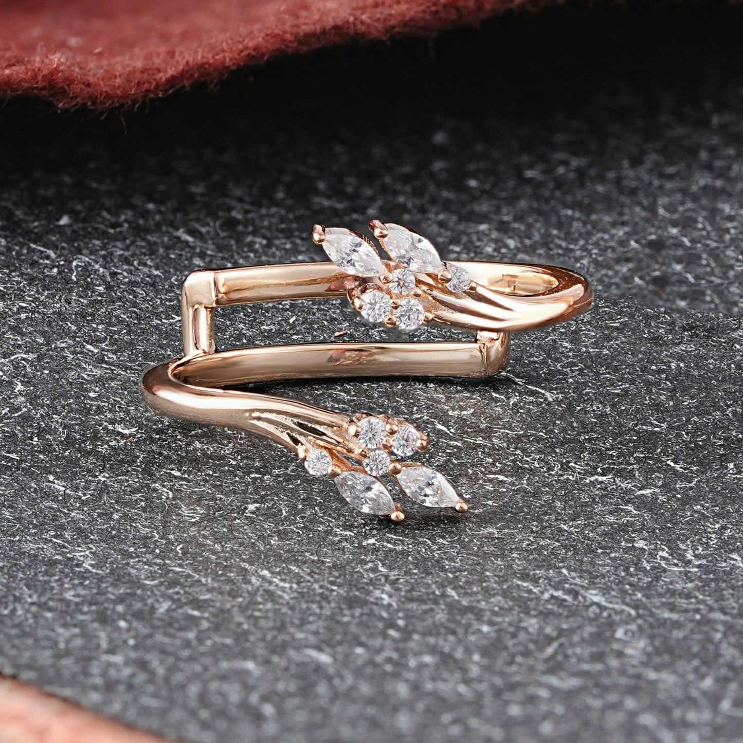 Nature Inspired Marquise Moissanite Leaf Double Row Wedding Ring
