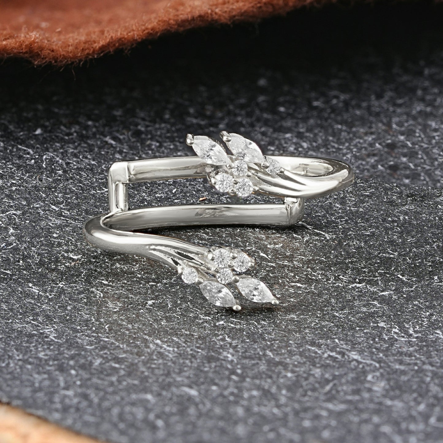 Nature Inspired Marquise Moissanite Leaf Double Row Wedding Ring