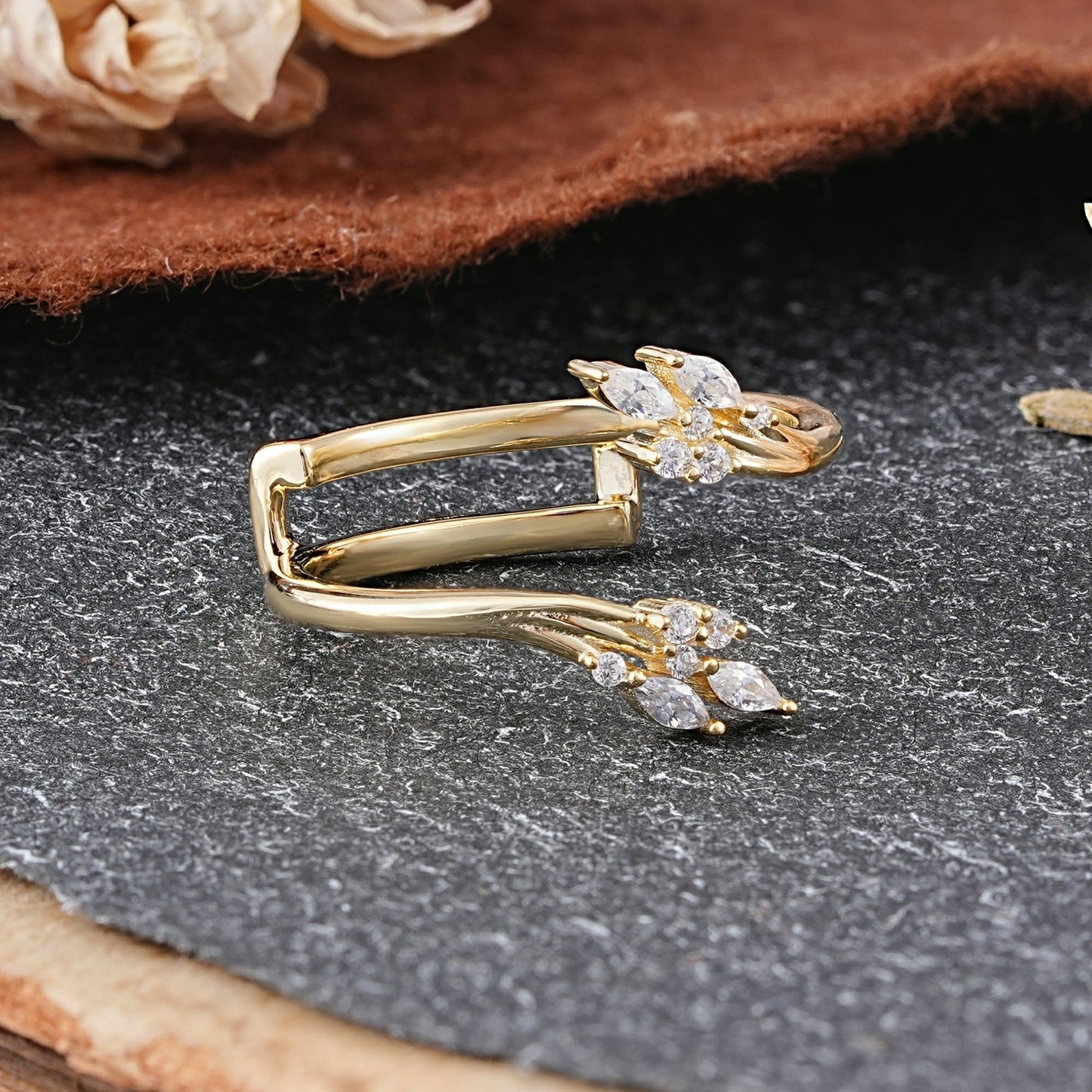 Nature Inspired Marquise Moissanite Leaf Double Row Wedding Ring