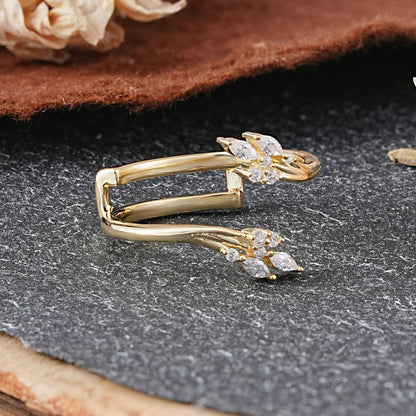 Nature Inspired Marquise Moissanite Leaf Double Row Wedding Ring