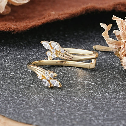 Nature Inspired Marquise Moissanite Leaf Double Row Wedding Ring