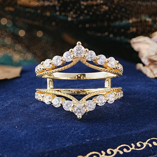 Vintage Tiara Crown Moissanite Double Row Enhancer Wedding Ring