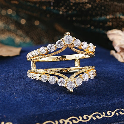 Vintage Tiara Crown Moissanite Double Row Enhancer Wedding Ring