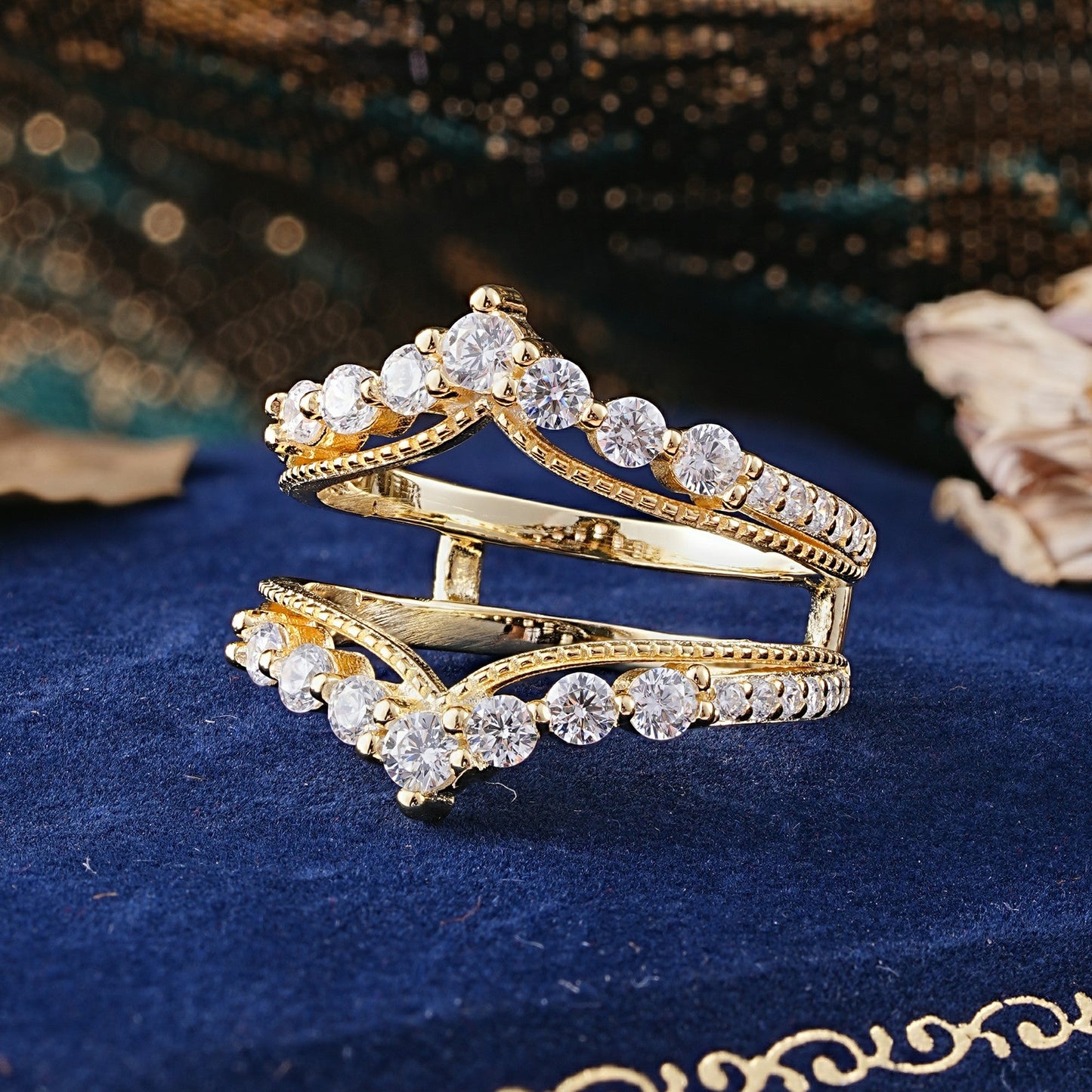 Vintage Tiara Crown Moissanite Double Row Enhancer Wedding Ring