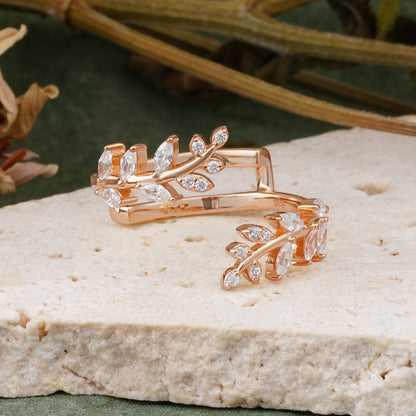 Nature Inspired Leaf Wrap Enhancer Band with Mixed Cut Moissanite Wedding Ring