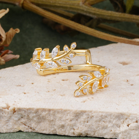 Nature Inspired Leaf Wrap Enhancer Band with Mixed Cut Moissanite Wedding Ring