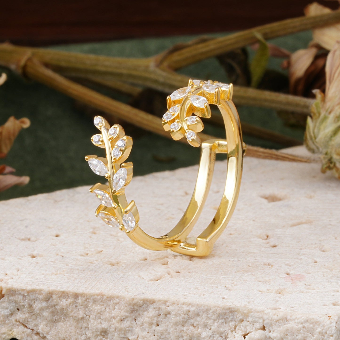 Nature Inspired Leaf Wrap Enhancer Band with Mixed Cut Moissanite Wedding Ring