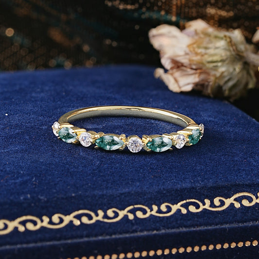 Classic Marquise Moss Agate Alternating Stacking Wedding Ring
