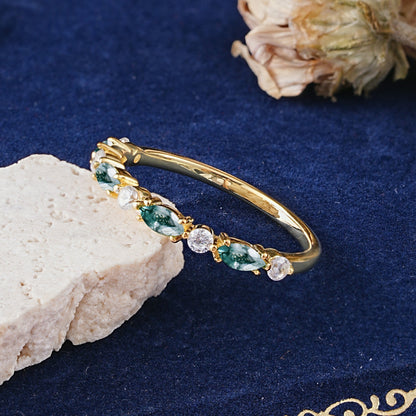 Classic Marquise Moss Agate Alternating Stacking Wedding Ring