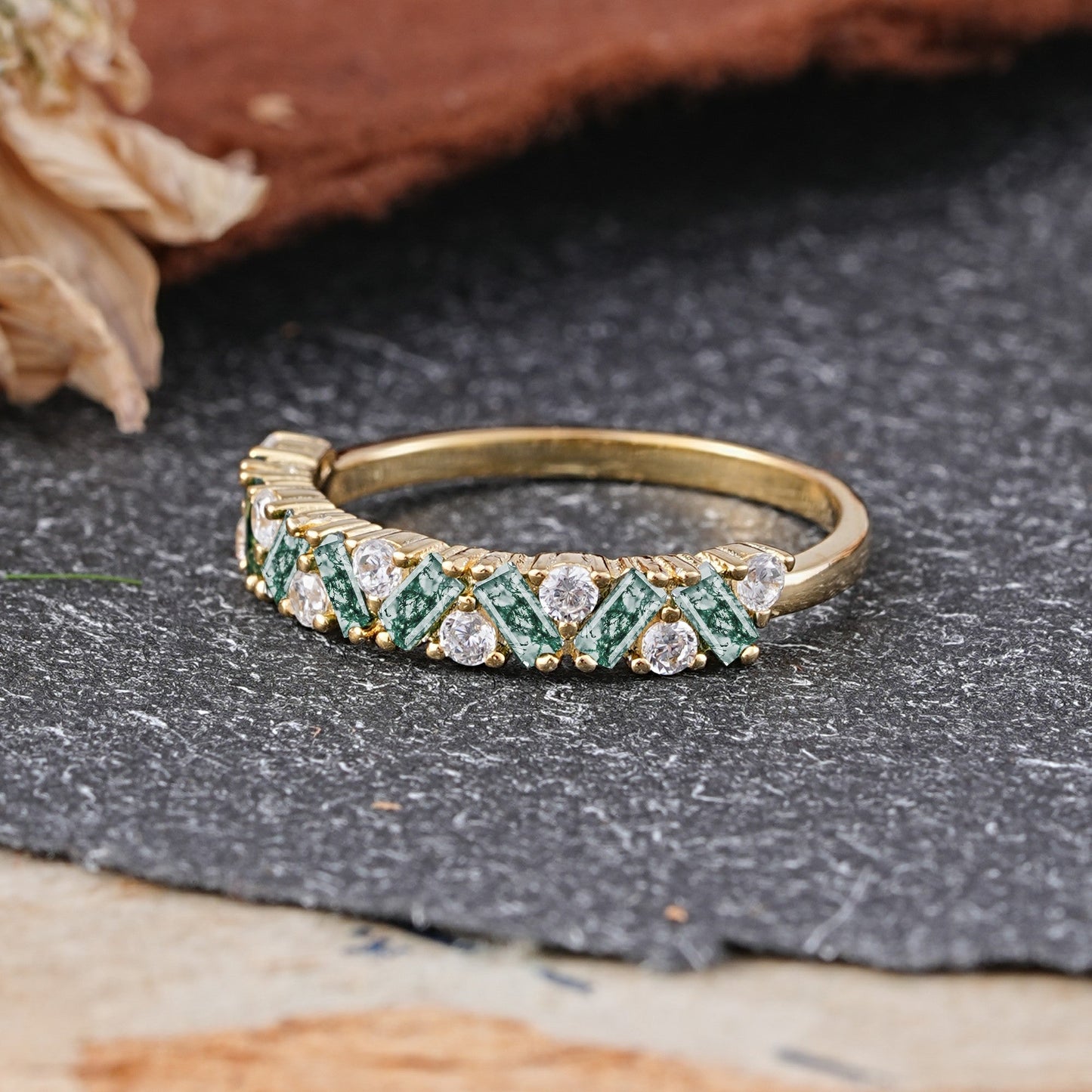 Vintage Art Deco Baguette Moissanite Alternating Stacking Wedding Ring
