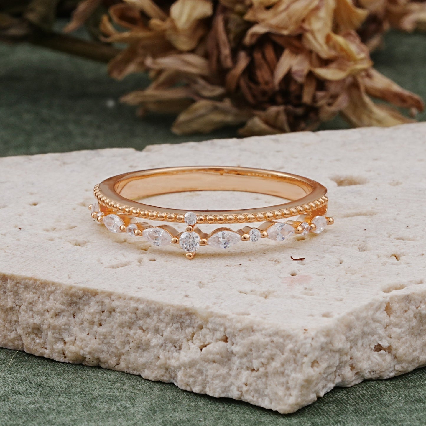 Vintage Milgrain Beaded Mixed Cut Moissanite Stacking Wedding Ring