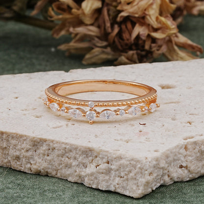 Vintage Milgrain Beaded Mixed Cut Moissanite Stacking Wedding Ring