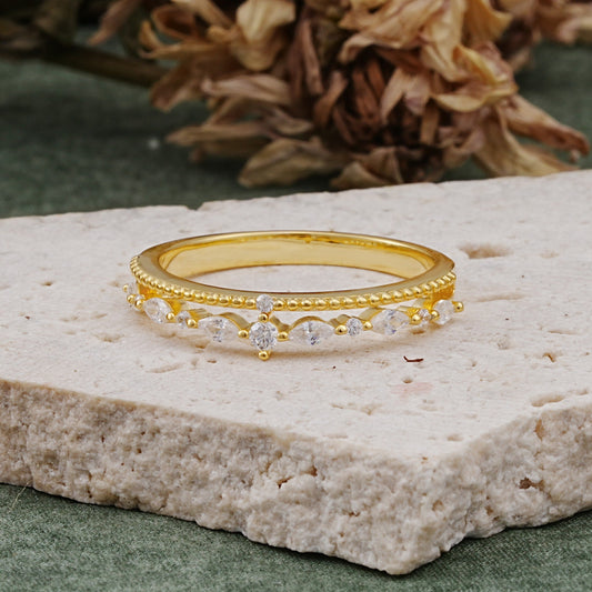 Vintage Milgrain Beaded Mixed Cut Moissanite Stacking Wedding Ring