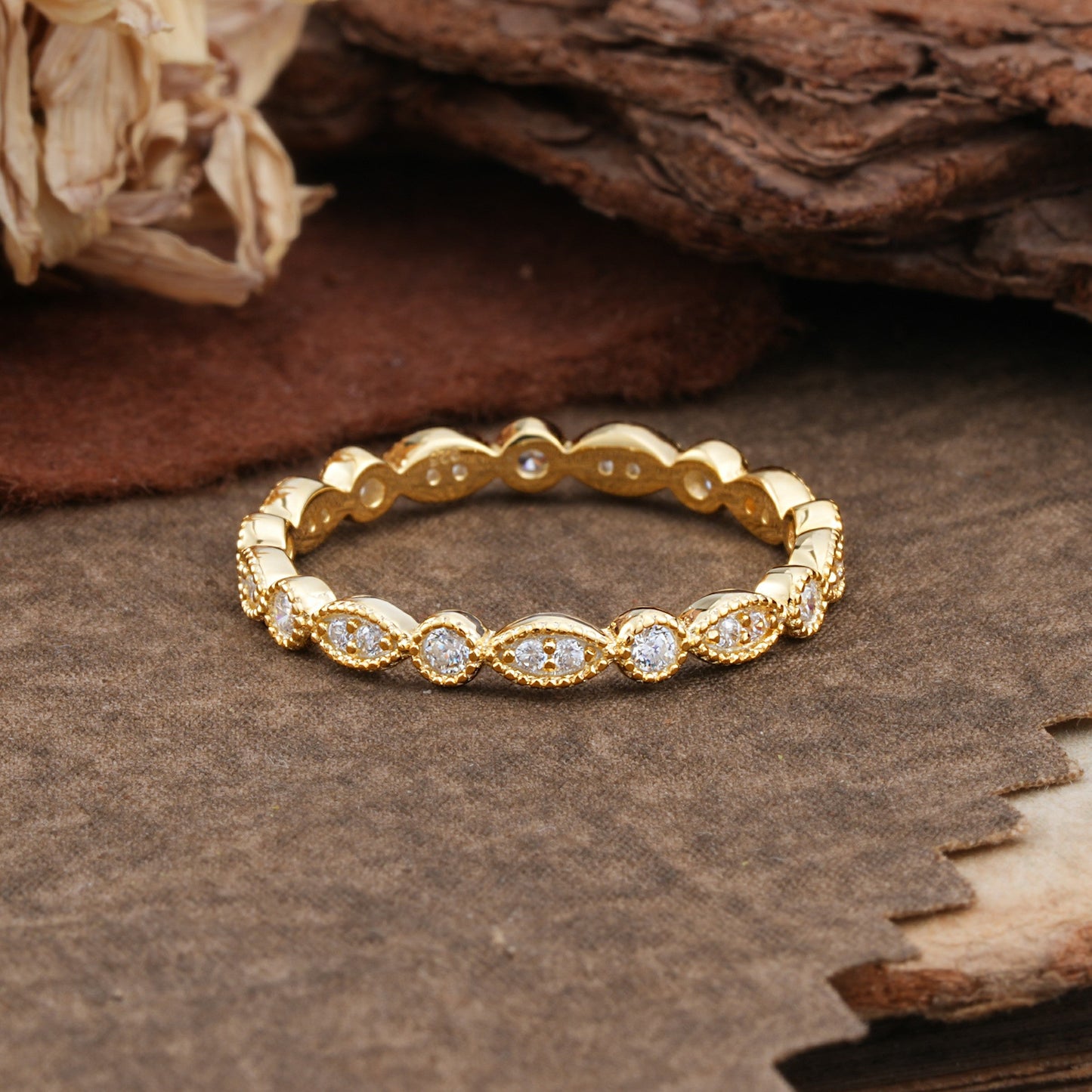 Vintage Milgrain Beaded Round Moissanite Full Eternity Wedding Ring