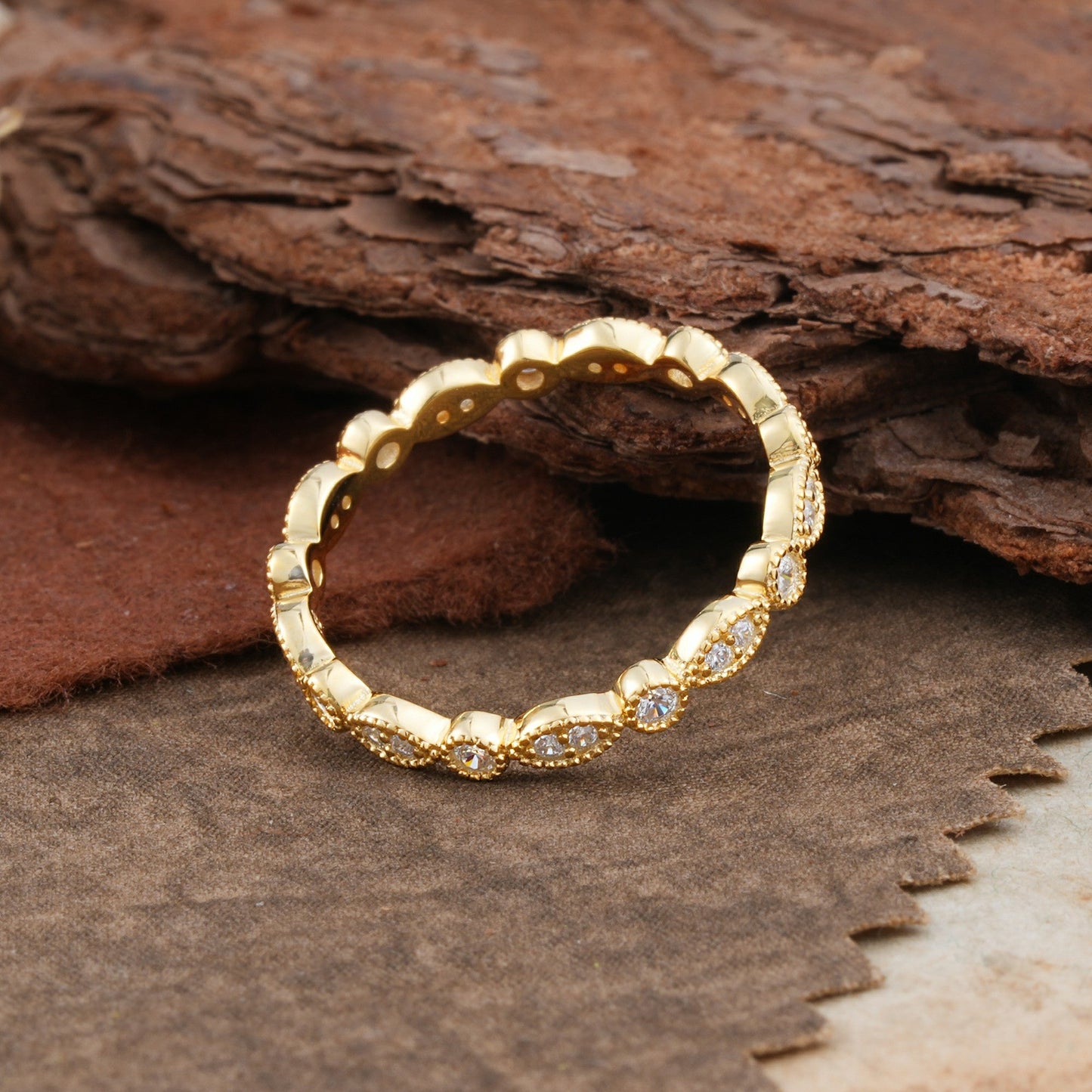Vintage Milgrain Beaded Round Moissanite Full Eternity Wedding Ring