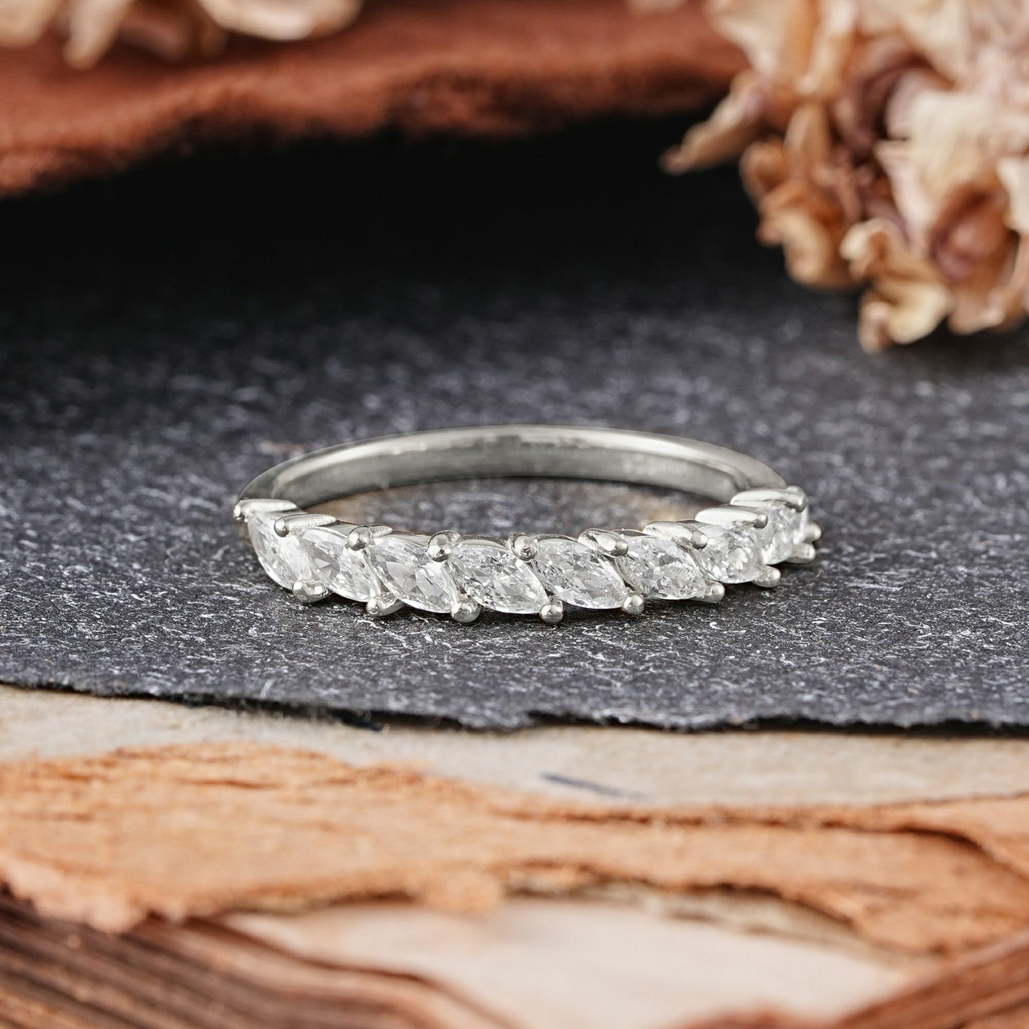 Vintage Marquise Cut Moissanite Half Eternity Wedding Ring