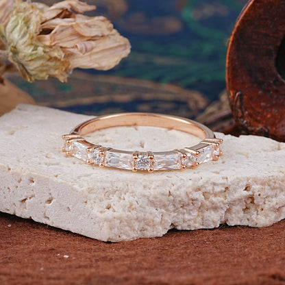 Art Deco Baguette & Round Moissanite Alternating Half Pavé Wedding Ring