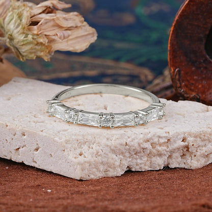 Art Deco Baguette & Round Moissanite Alternating Half Pavé Wedding Ring