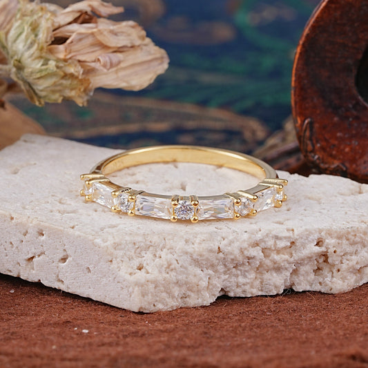 Art Deco Baguette & Round Moissanite Alternating Half Pavé Wedding Ring