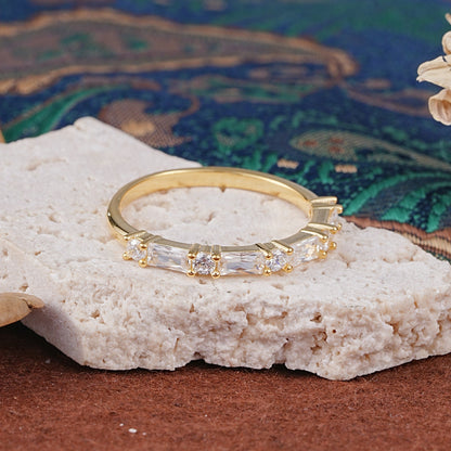 Art Deco Baguette & Round Moissanite Alternating Half Pavé Wedding Ring