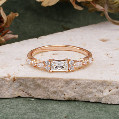 Vintage Emerald Cut Moissanite Cluster Accent Engagement Ring