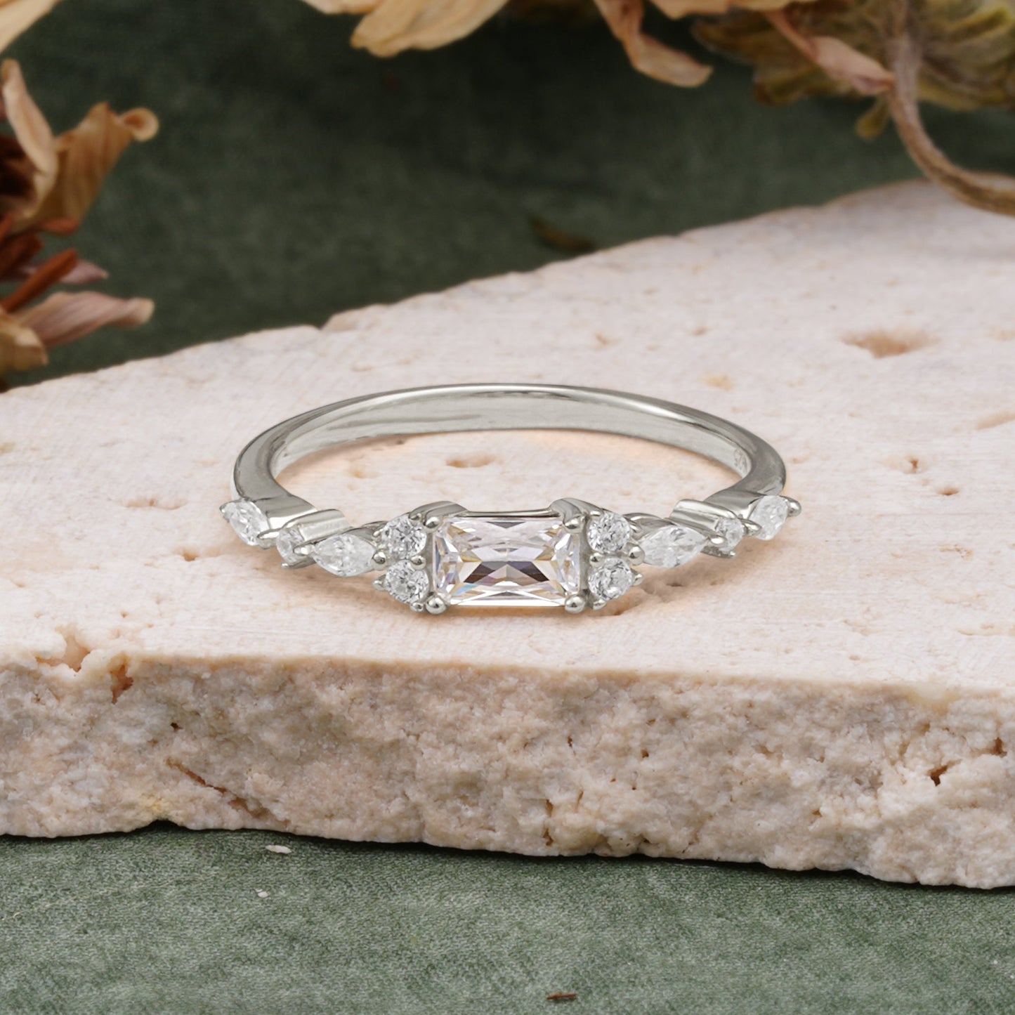 Vintage Emerald Cut Moissanite Cluster Accent Engagement Ring