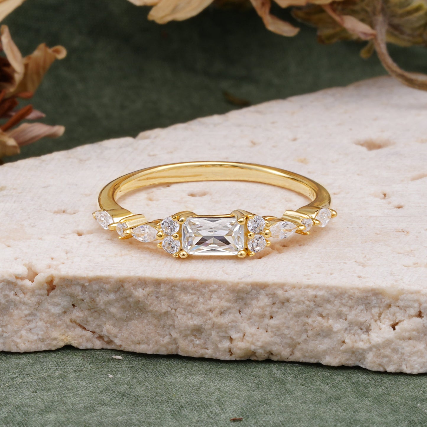Vintage Emerald Cut Moissanite Cluster Accent Engagement Ring