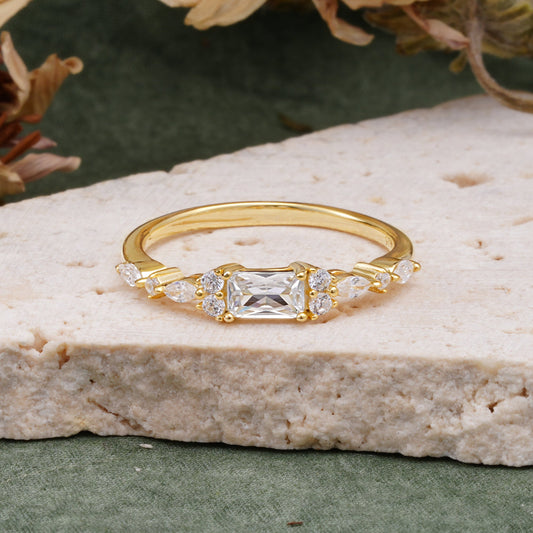 Vintage Emerald Cut Moissanite Cluster Accent Engagement Ring