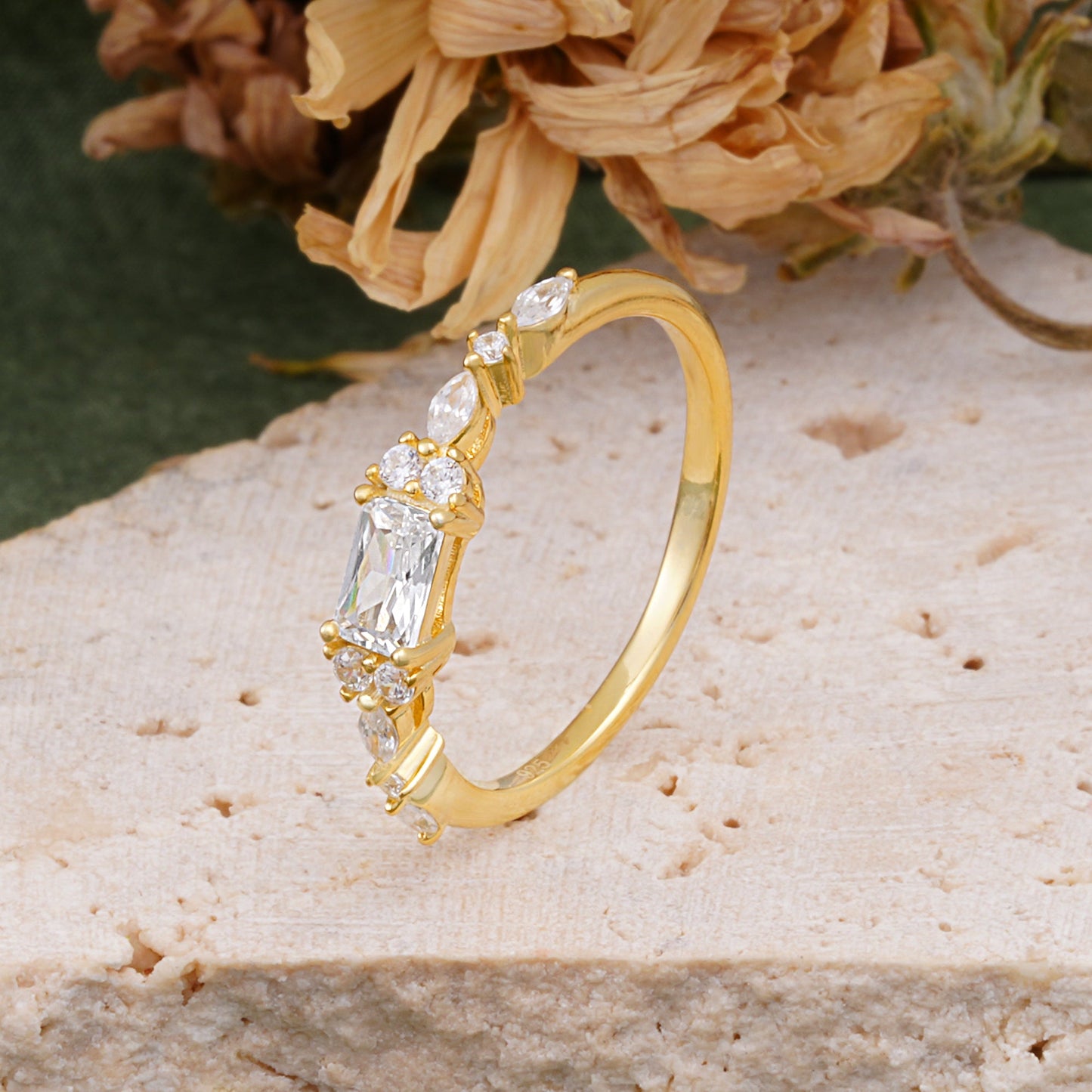Vintage Emerald Cut Moissanite Cluster Accent Engagement Ring