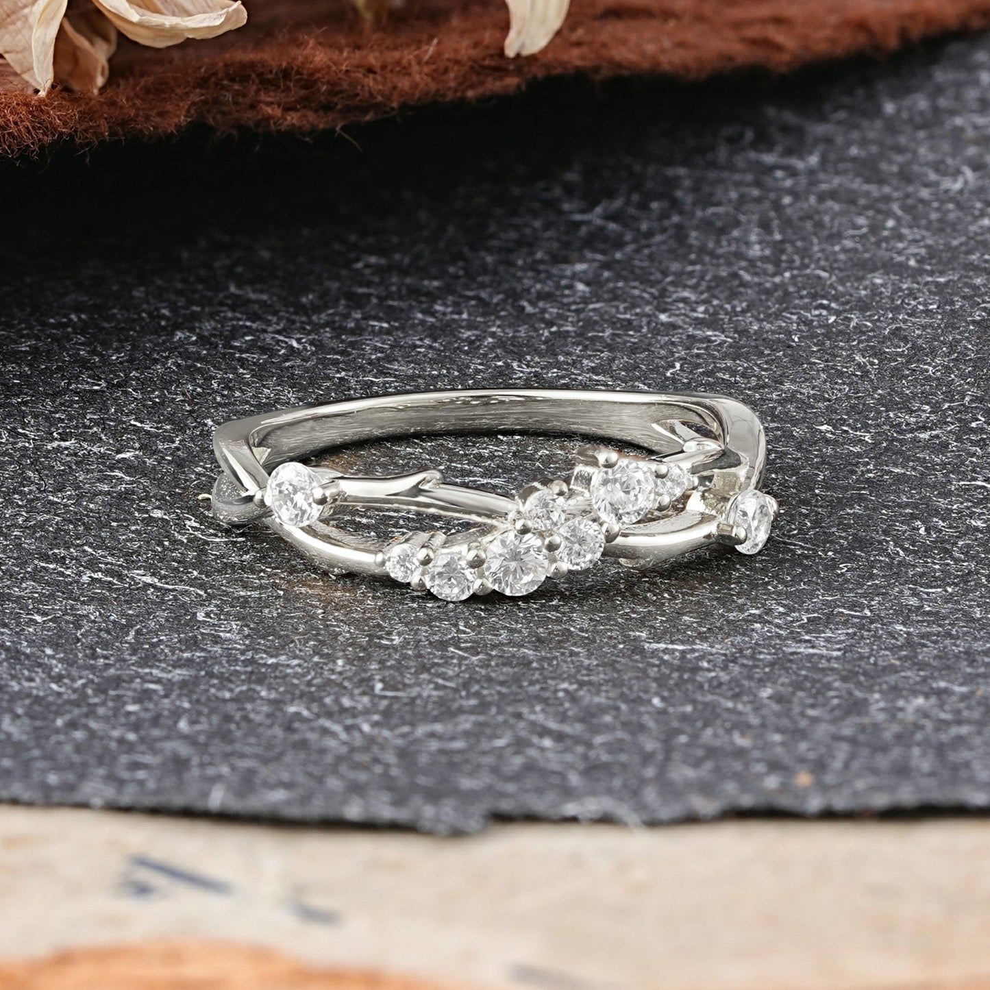 Nature Inspired Leaf Moissanite Stacking Wedding Ring