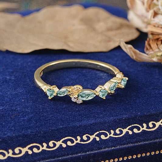 Nature Inspired Floral Moss Agate Cluster Wedding Ring