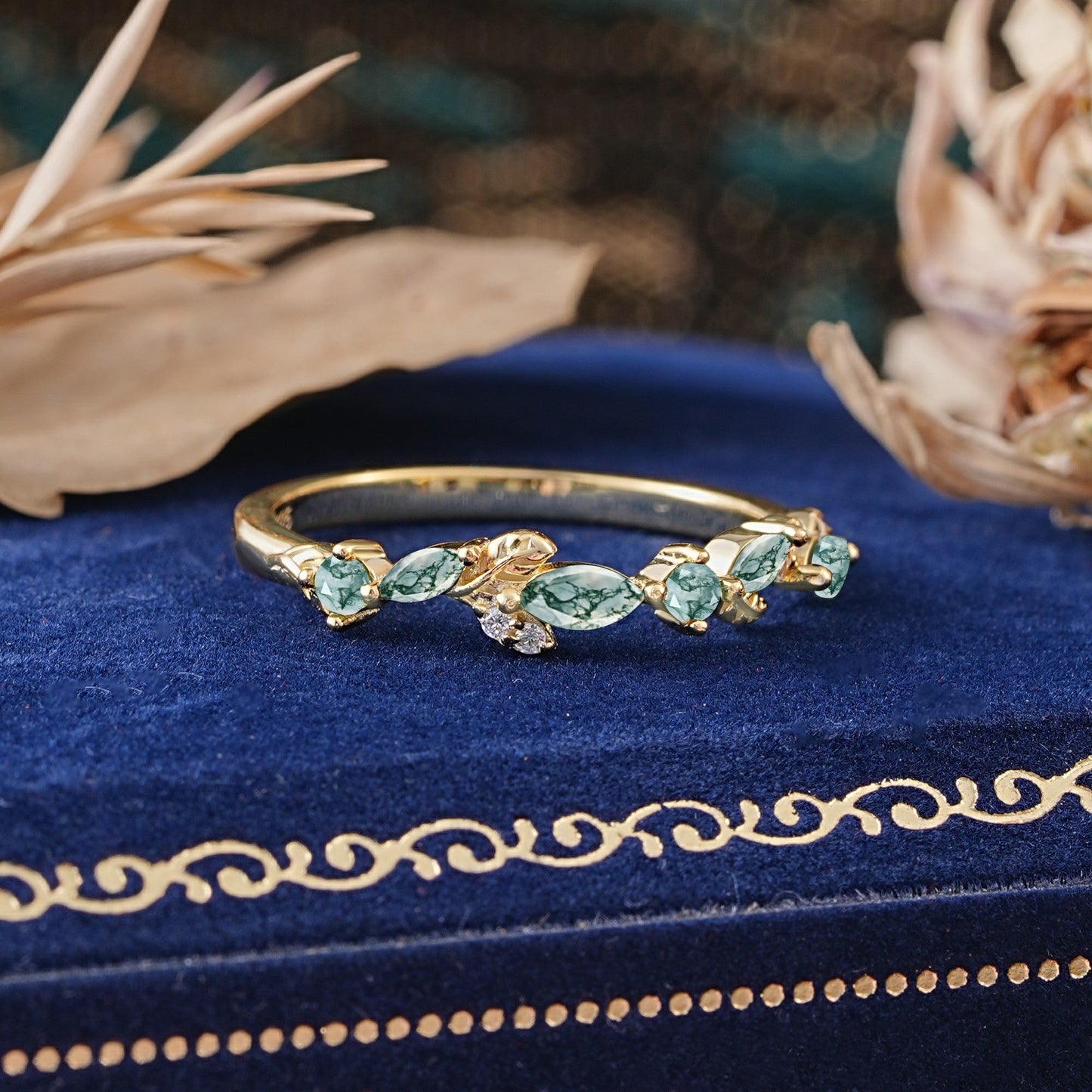 Nature Inspired Floral Moss Agate Cluster Wedding Ring