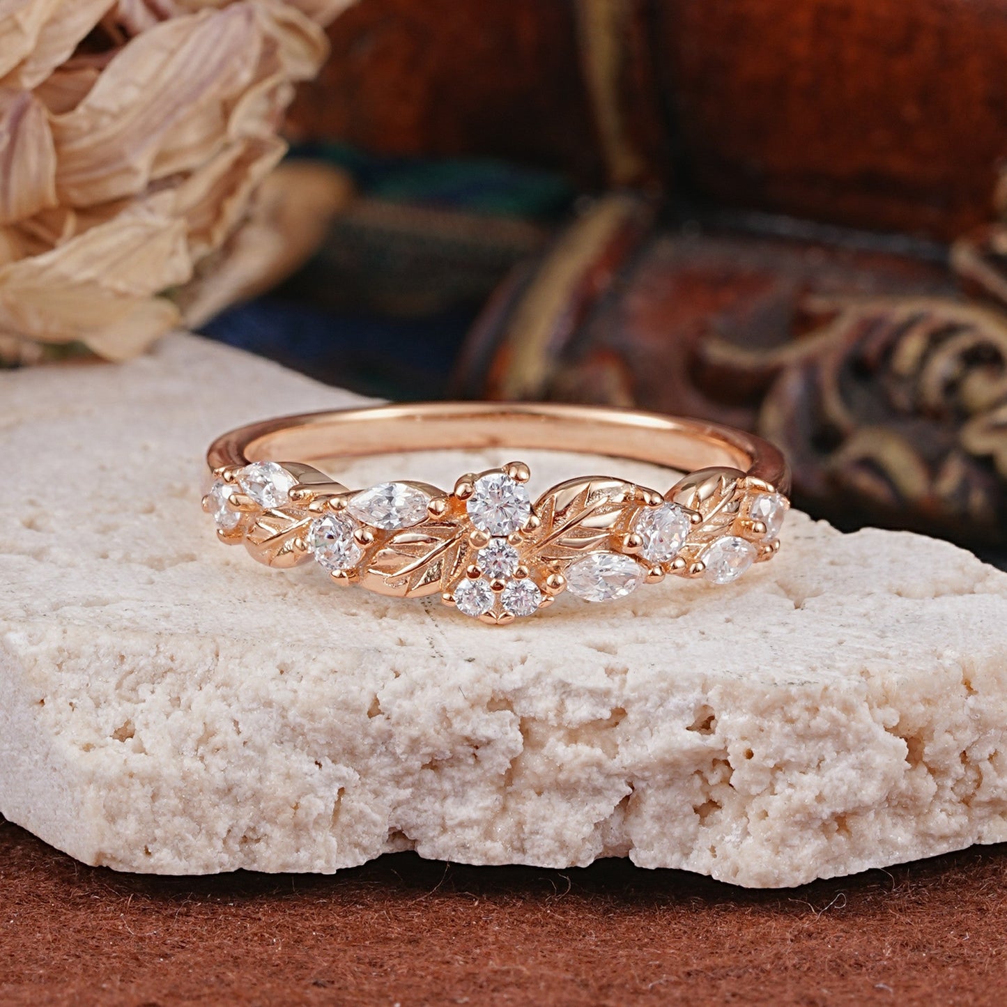 Vintage Nature Inspired Twisted Vine Leaf Moissanite Full Eternity Wedding Ring