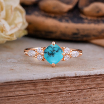 Classic Elegant 4-Prong Princess Cut Turquoise Engagement Ring
