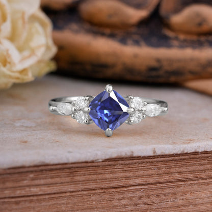Classic Elegant 4-Prong Princess Cut Tanzanite Engagement Ring