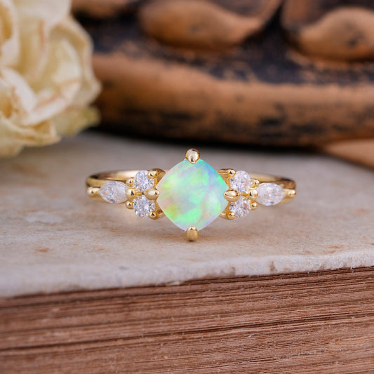 Classic Elegant 4-Prong Princess Cut Opal Engagement Ring
