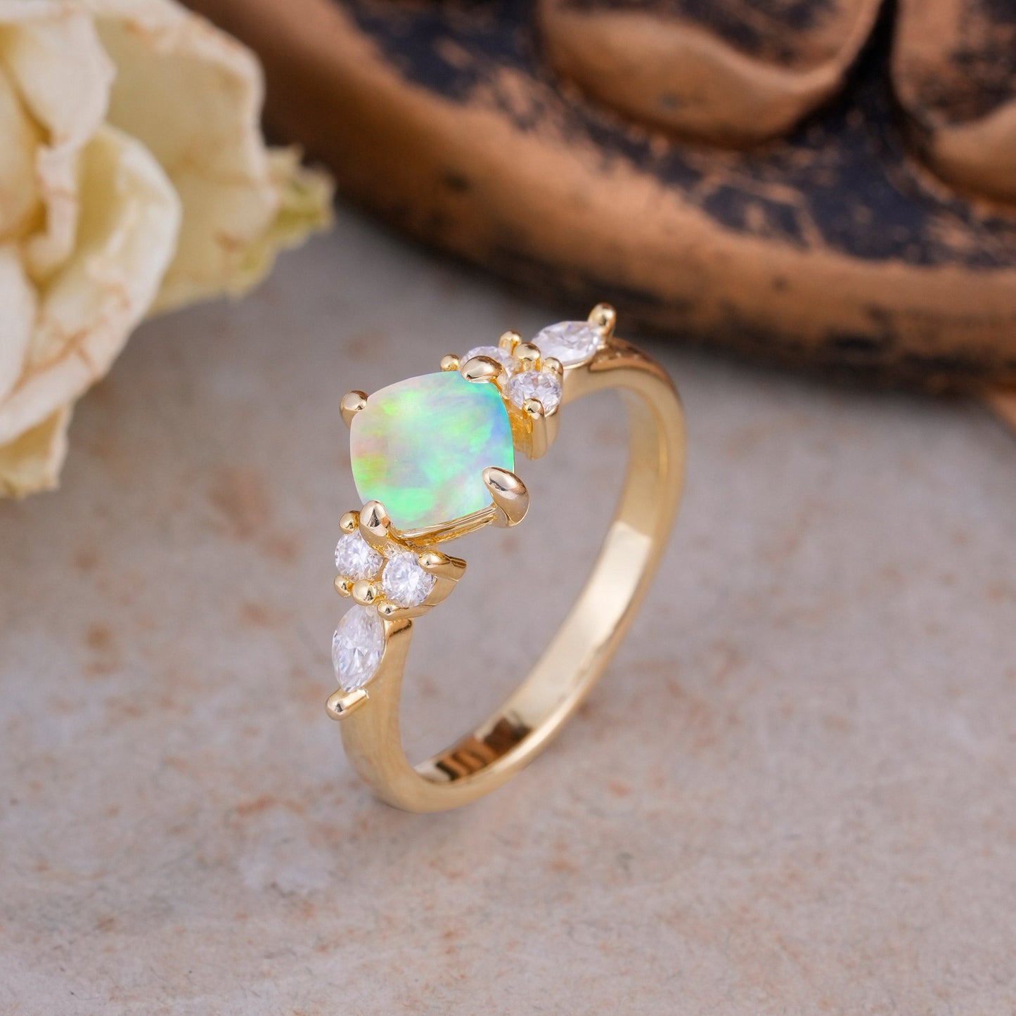 Classic Elegant 4-Prong Princess Cut Opal Engagement Ring