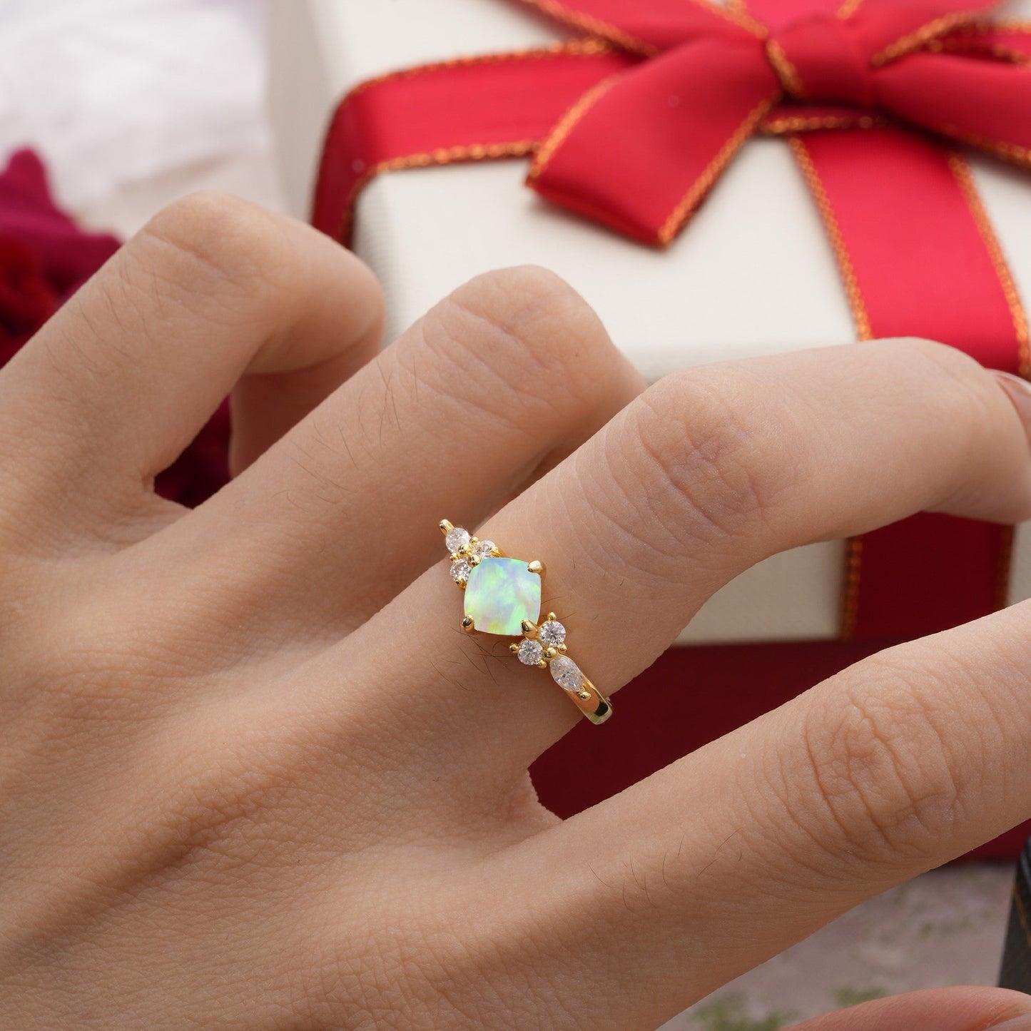 Classic Elegant 4-Prong Princess Cut Opal Engagement Ring