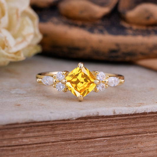 Classic Elegant 4-Prong Princess Cut Citrine Engagement Ring