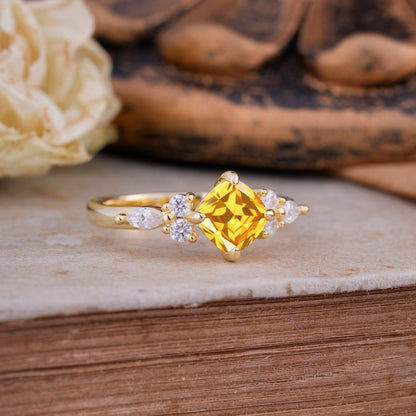 Classic Elegant 4-Prong Princess Cut Citrine Engagement Ring