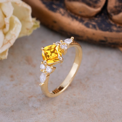 Classic Elegant 4-Prong Princess Cut Citrine Engagement Ring