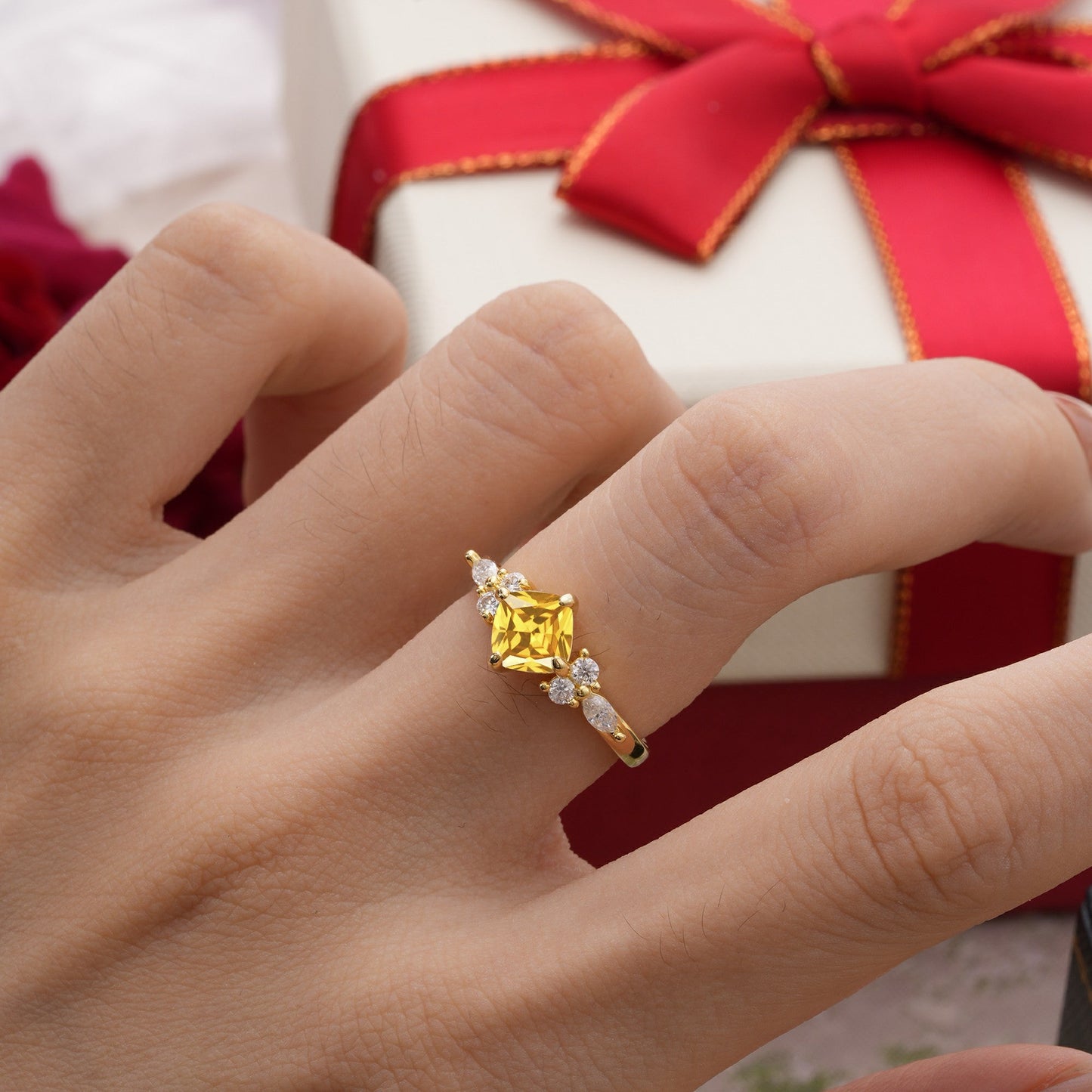 Classic Elegant 4-Prong Princess Cut Citrine Engagement Ring