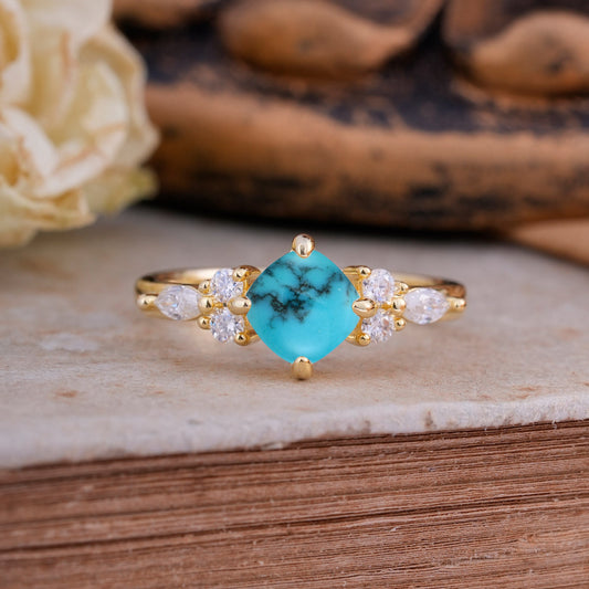 Classic Elegant 4-Prong Princess Cut Turquoise Engagement Ring